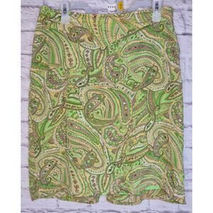 VTG Y2K Worthington Silk Paisley Sequin Pencil Skirt Lime Green Brown Sz 12 Boho